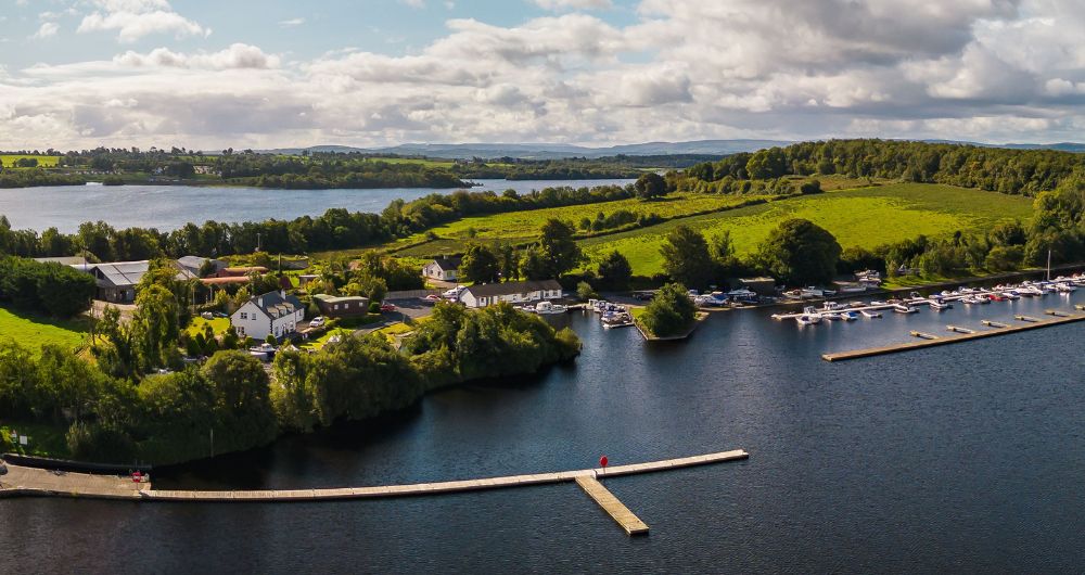 Island with parked boats in Fermanagh, Northern Ireland