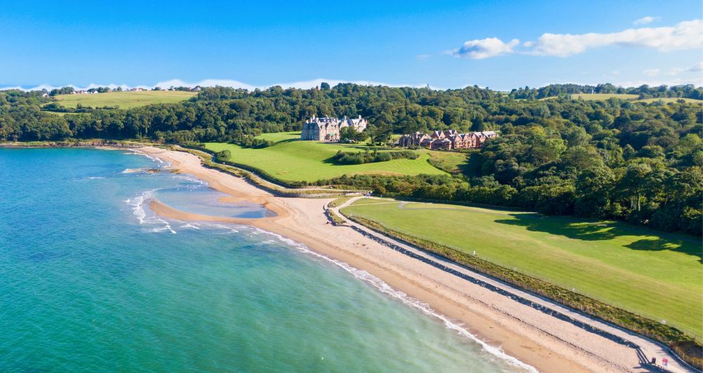 Aerial view of beach and coast in Helens Bay