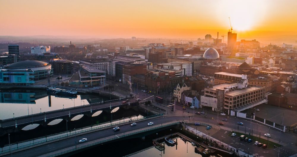 Aerial view of Belfast sunset