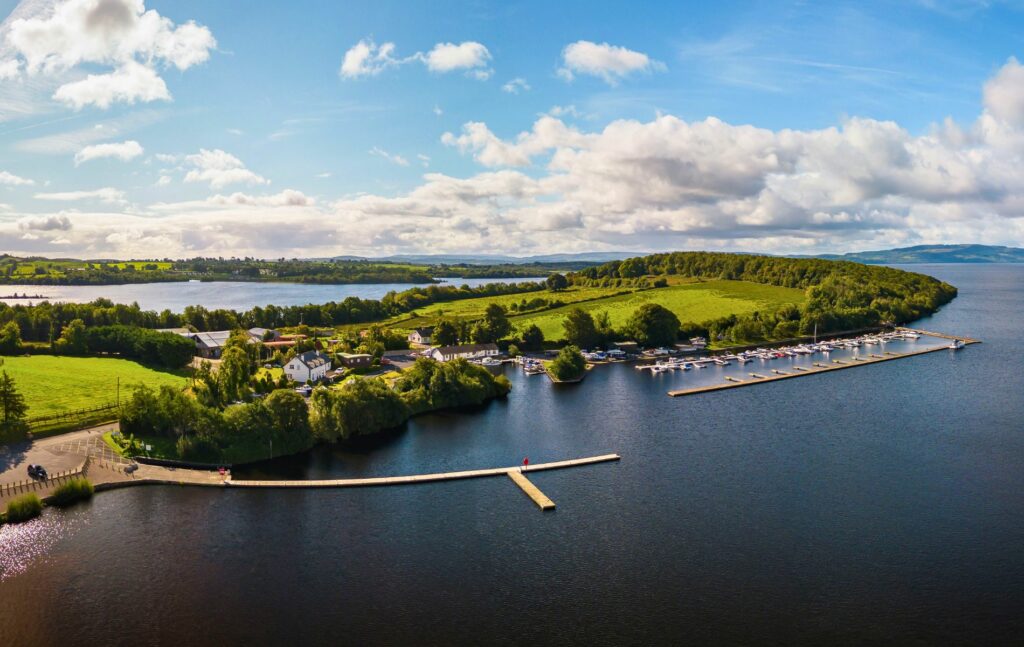 Island with moored boats in Fermanagh, Northern Ireland